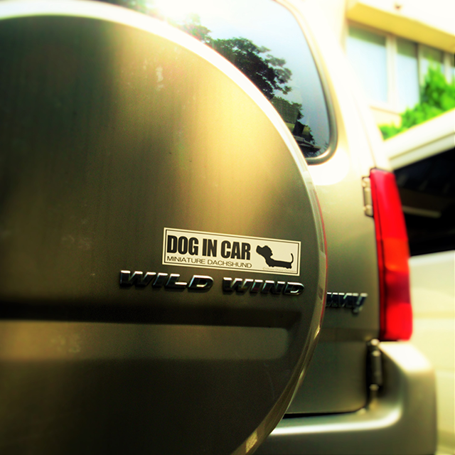 ダックスフンドとドライブ中であることをアピールできるシンプルなDOG IN CARステッカーです。