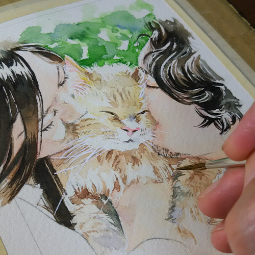 猫と飼い主夫婦の肖像画