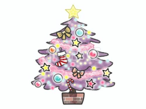 無料イラスト,クリスマス,ツリー,もみの木,紫色,鉢,飾り,電飾,屋内用