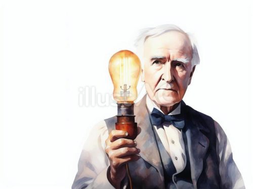 無料イラスト,エジソン,偉人,発明家,電球,白熱,人物,男性,老人,蝶ネクタイ,電気,灯り