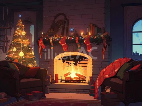 無料イラスト,暖炉,暖房,冬,炎,レンガ,室内,住まい,クリスマス,クリスマスツリー