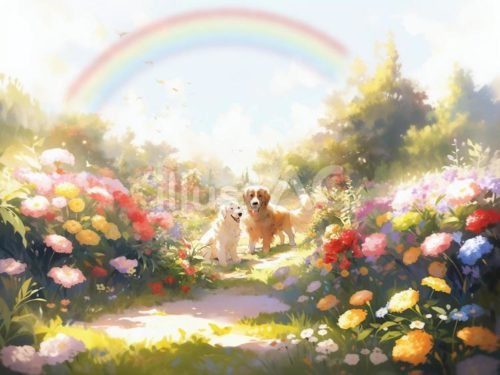 無料イラスト,虹の橋,天国,楽園,花,犬