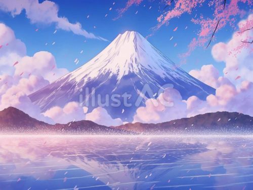 無料イラスト,富士山,山,春,桜,背景,湖