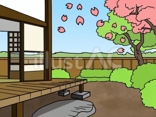 無料イラスト,桜,庭,縁側,春,日本家屋