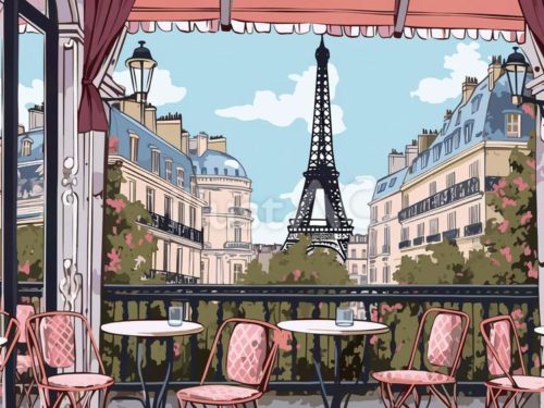 無料イラスト,フランス,パリ,テラス,テーブル,椅子,カフェ,席,エッフェル塔,背景