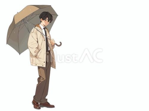 無料イラスト,傘,雨,人物,男性,青年