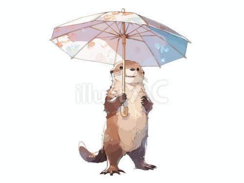 無料イラスト,傘,雨,コツメカワウソ,生き物,かわいい