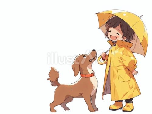 無料イラスト,傘,レインコート,雨,人物,女性,犬,長靴,黄色